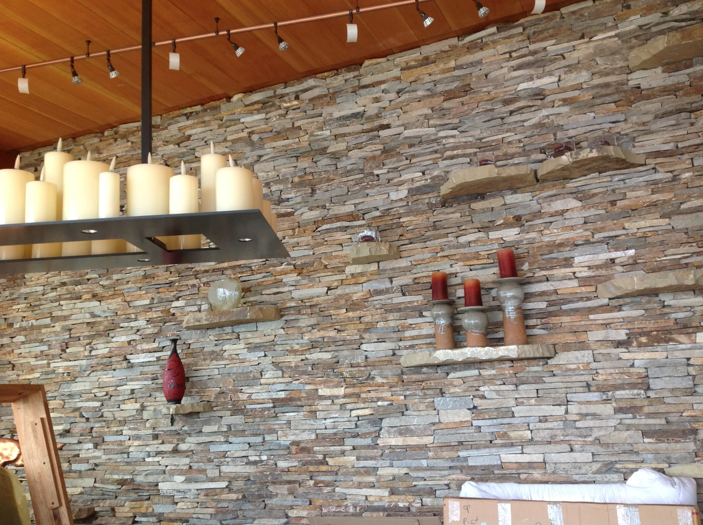 Stacked stone interior feature wall