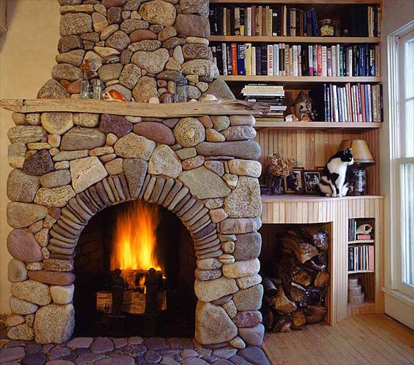 River stone arch fireplace