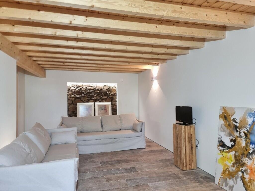 Exposed stone wall feature in living room